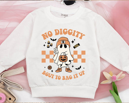 No Diggity Bout To Bag It Up Retro Halloween Ghost Sweatshirt Beanie Jack-o-Lantern Checkered vintage whimsical toddler kid top