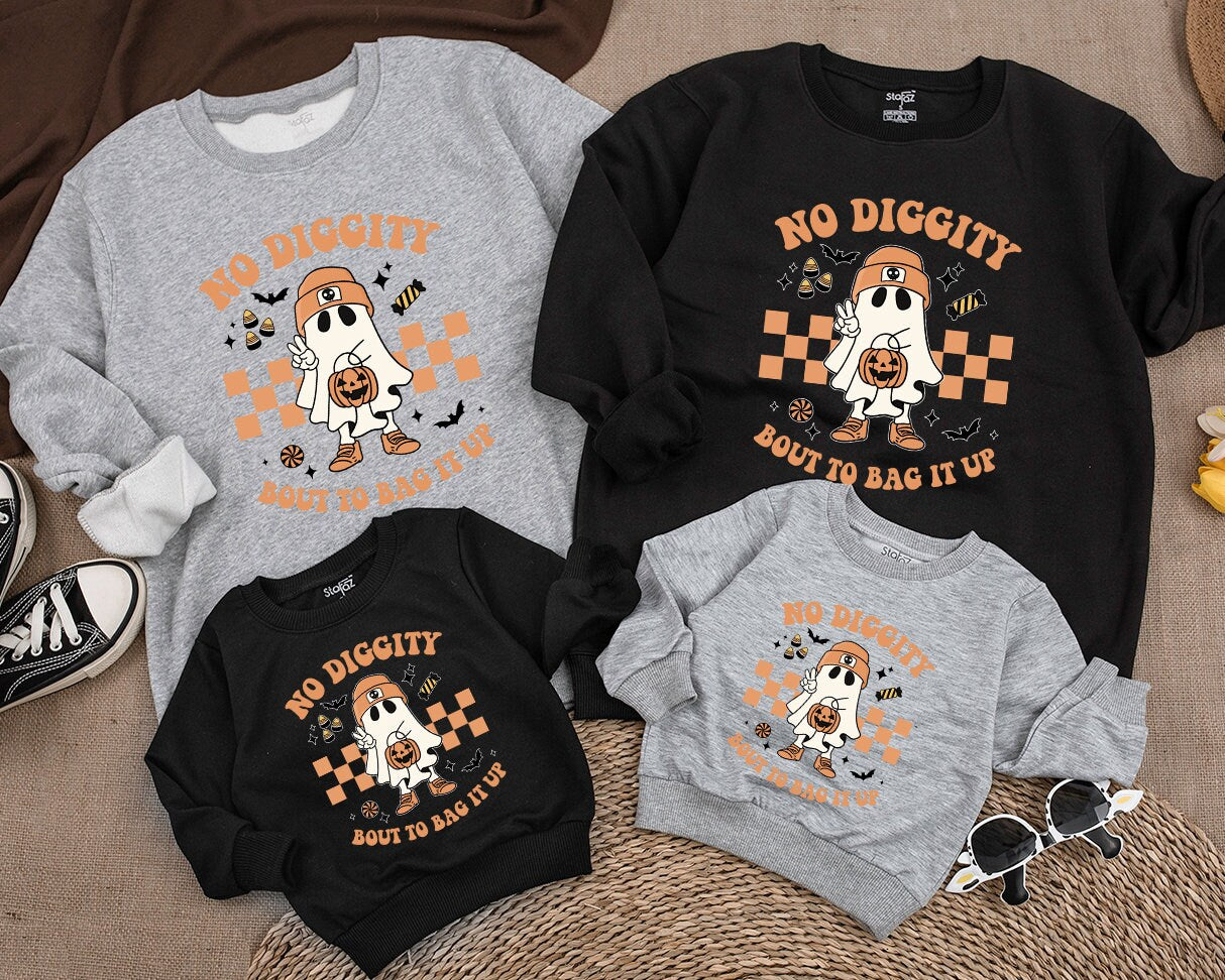 No Diggity Bout To Bag It Up Retro Halloween Ghost Sweatshirt Beanie Jack-o-Lantern Checkered vintage whimsical toddler kid top