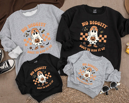 No Diggity Bout To Bag It Up Retro Halloween Ghost Sweatshirt Beanie Jack-o-Lantern Checkered vintage whimsical toddler kid top