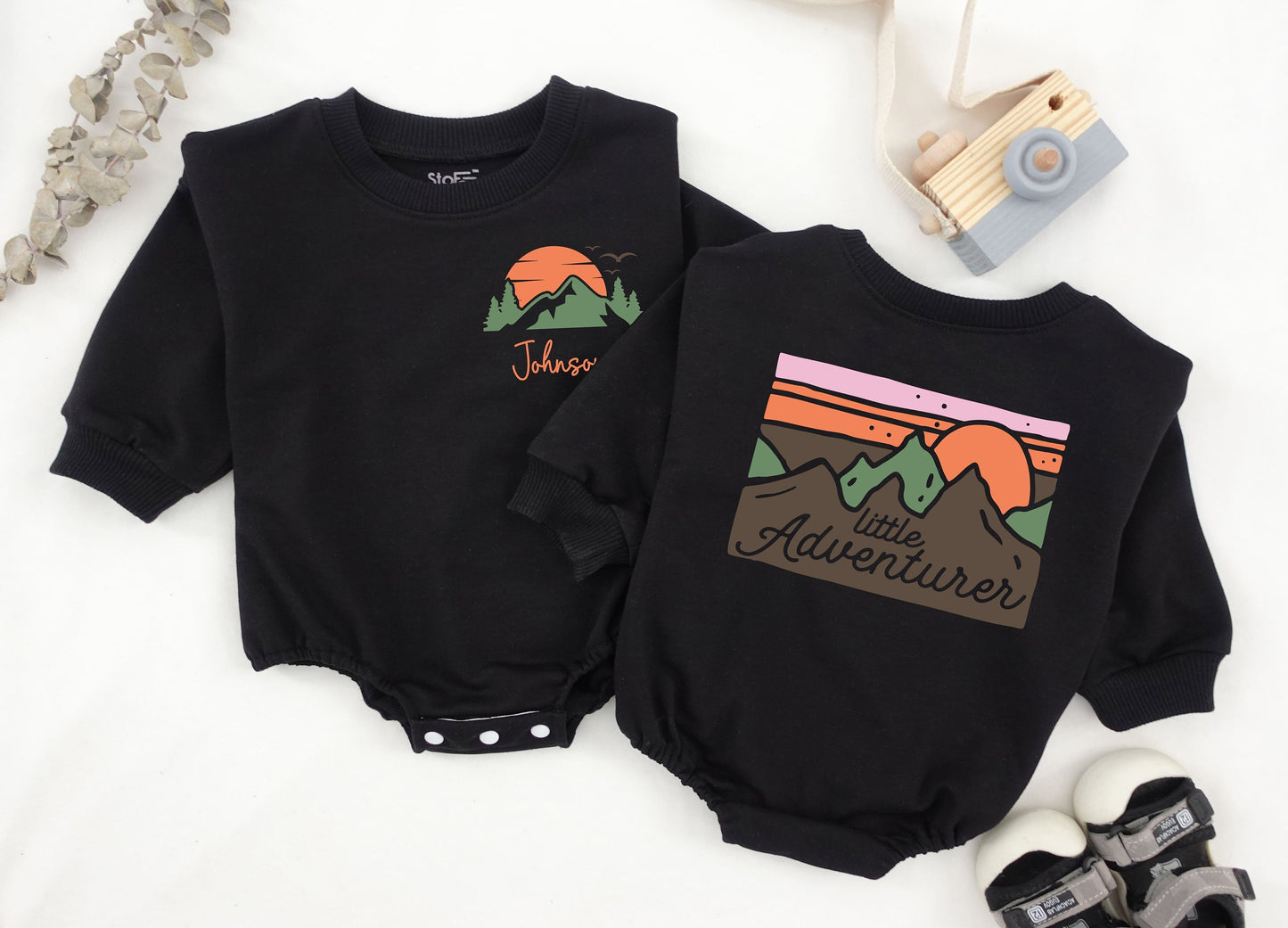 Retro Baby Adventure Romper – Cute Mountains, Unisex Summer Outfit