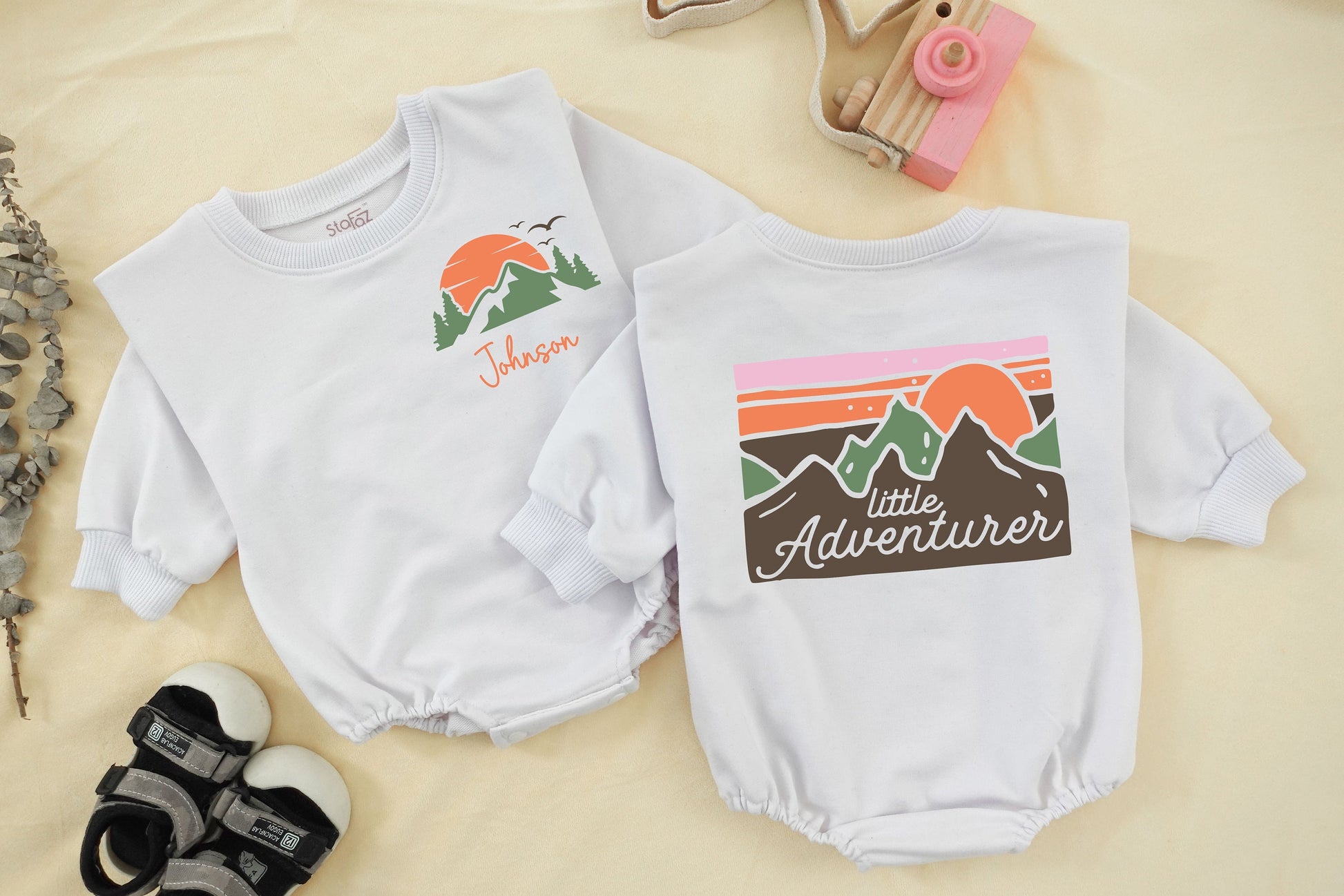 Retro Baby Adventure Romper – Cute Mountains, Unisex Summer Outfit