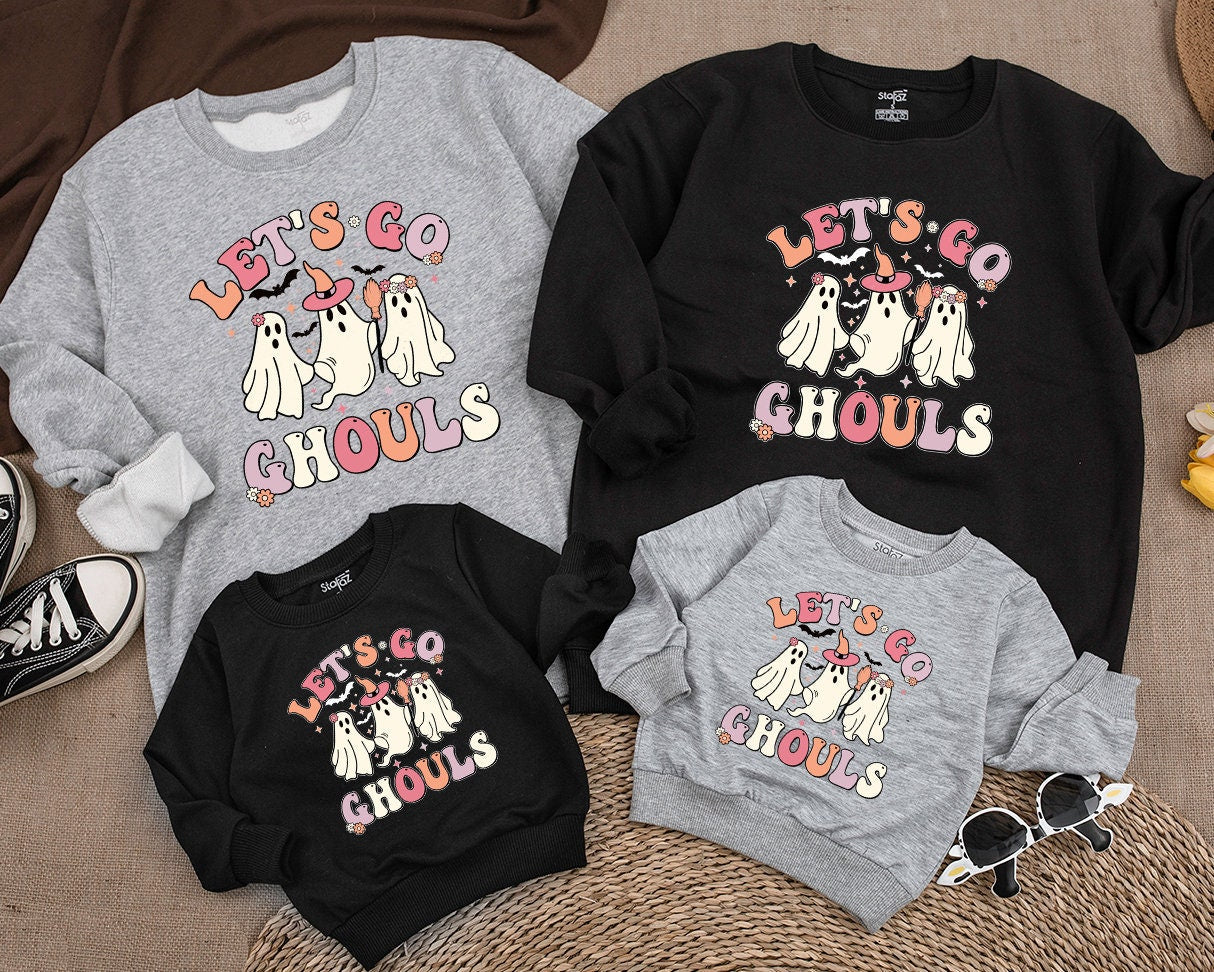 Matching Mommy and Me Let's Go Ghouls Halloween Sweatshirt for Baby Toddler Girls Spooky Retro Family Gift
