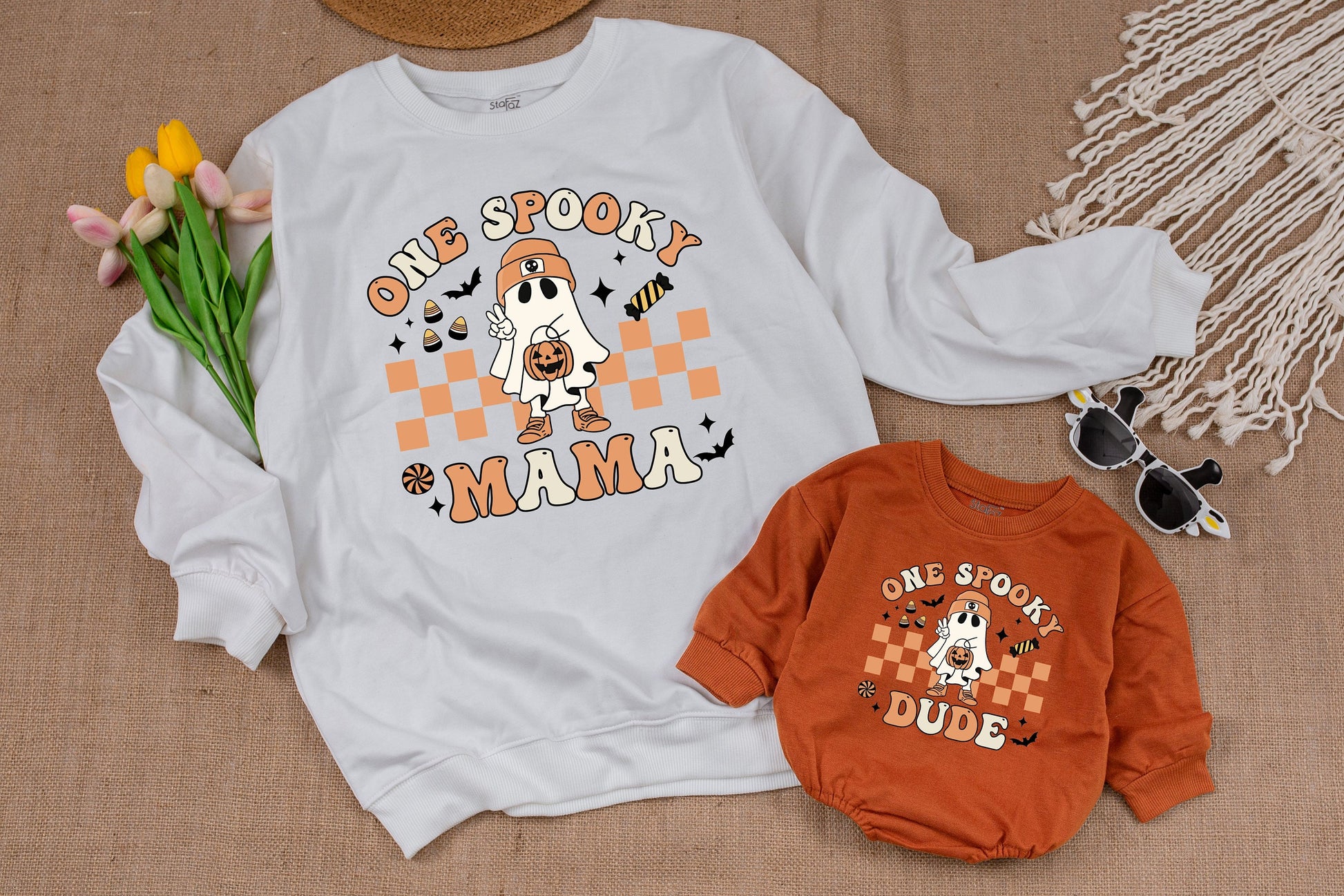 One Spooky Dude Halloween Birthday Sweatshirt Retro Cartoon Ghost Pumpkin Orange Checkerboard 1st Baby Toddler Boy Fall Outfit Vintage Style