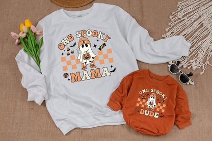 One Spooky Dude Halloween Birthday Sweatshirt Retro Cartoon Ghost Pumpkin Orange Checkerboard 1st Baby Toddler Boy Fall Outfit Vintage Style