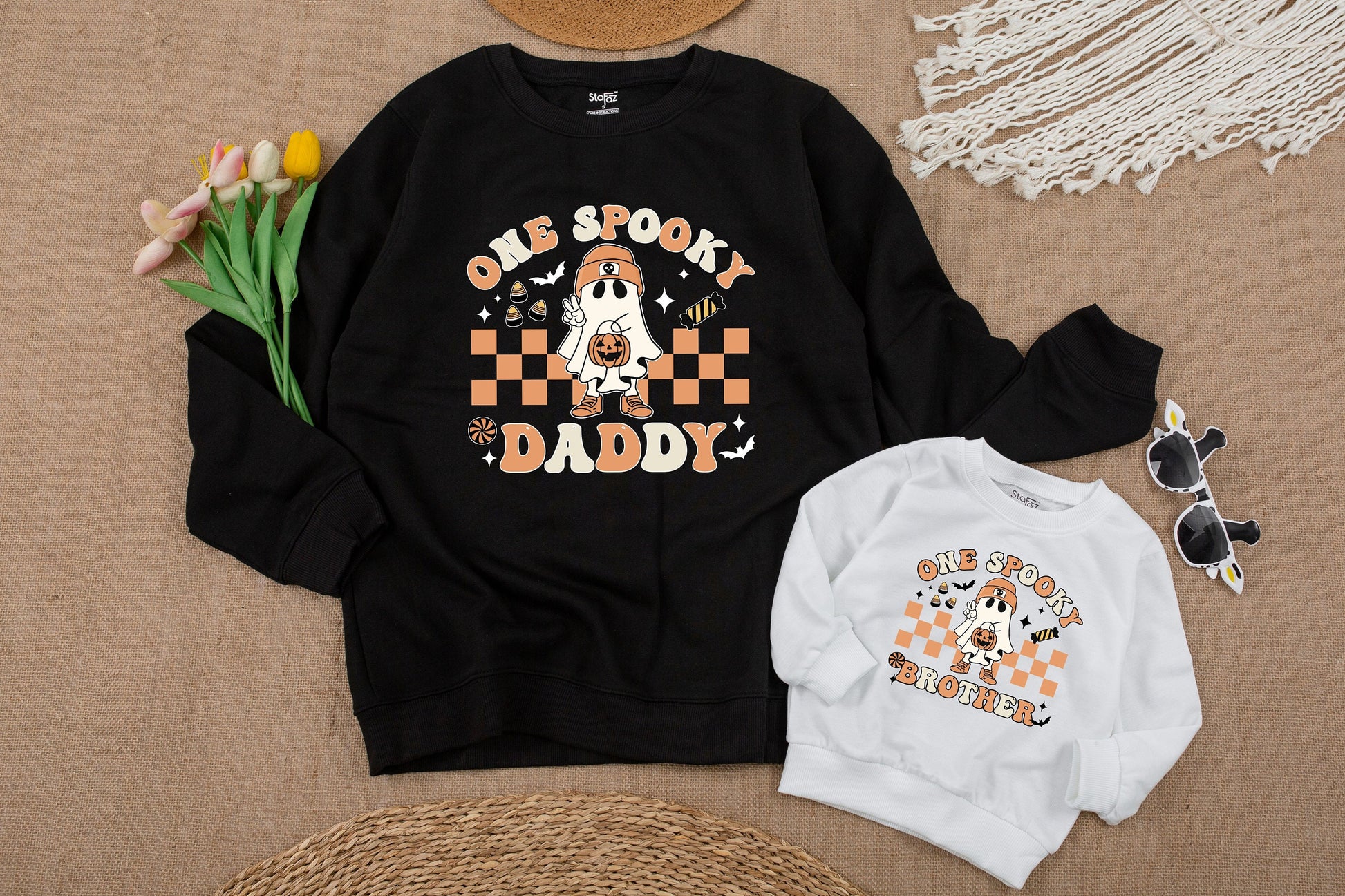 One Spooky Dude Halloween Birthday Sweatshirt Retro Cartoon Ghost Pumpkin Orange Checkerboard 1st Baby Toddler Boy Fall Outfit Vintage Style