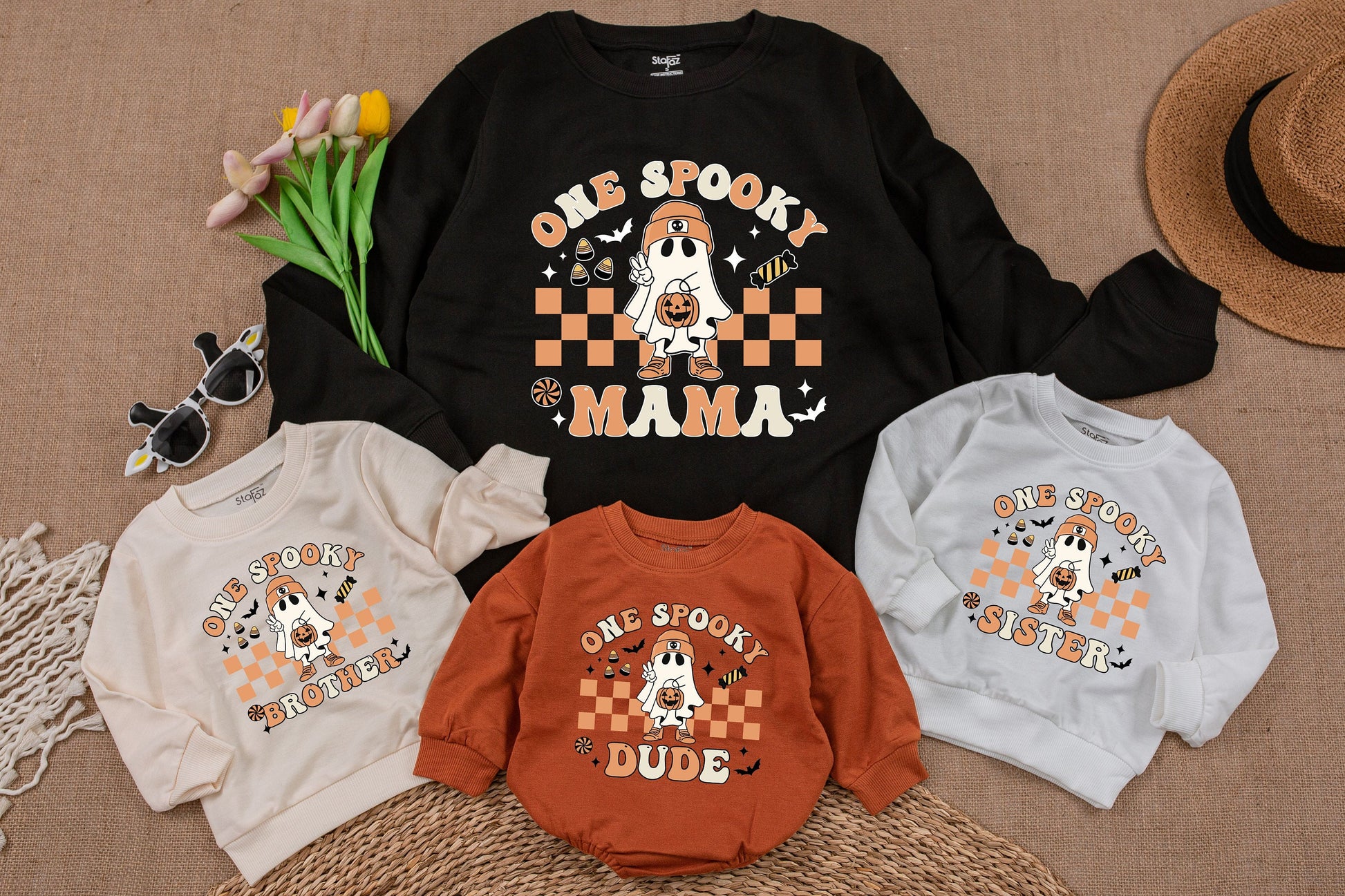 One Spooky Dude Halloween Birthday Sweatshirt Retro Cartoon Ghost Pumpkin Orange Checkerboard 1st Baby Toddler Boy Fall Outfit Vintage Style