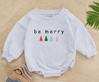 Be Merry Baby Christmas Romper Outfit with Trees 1st Xmas Toddler Holiday Sweatshirt Romper Baby Shower Gift Cute Festive Design