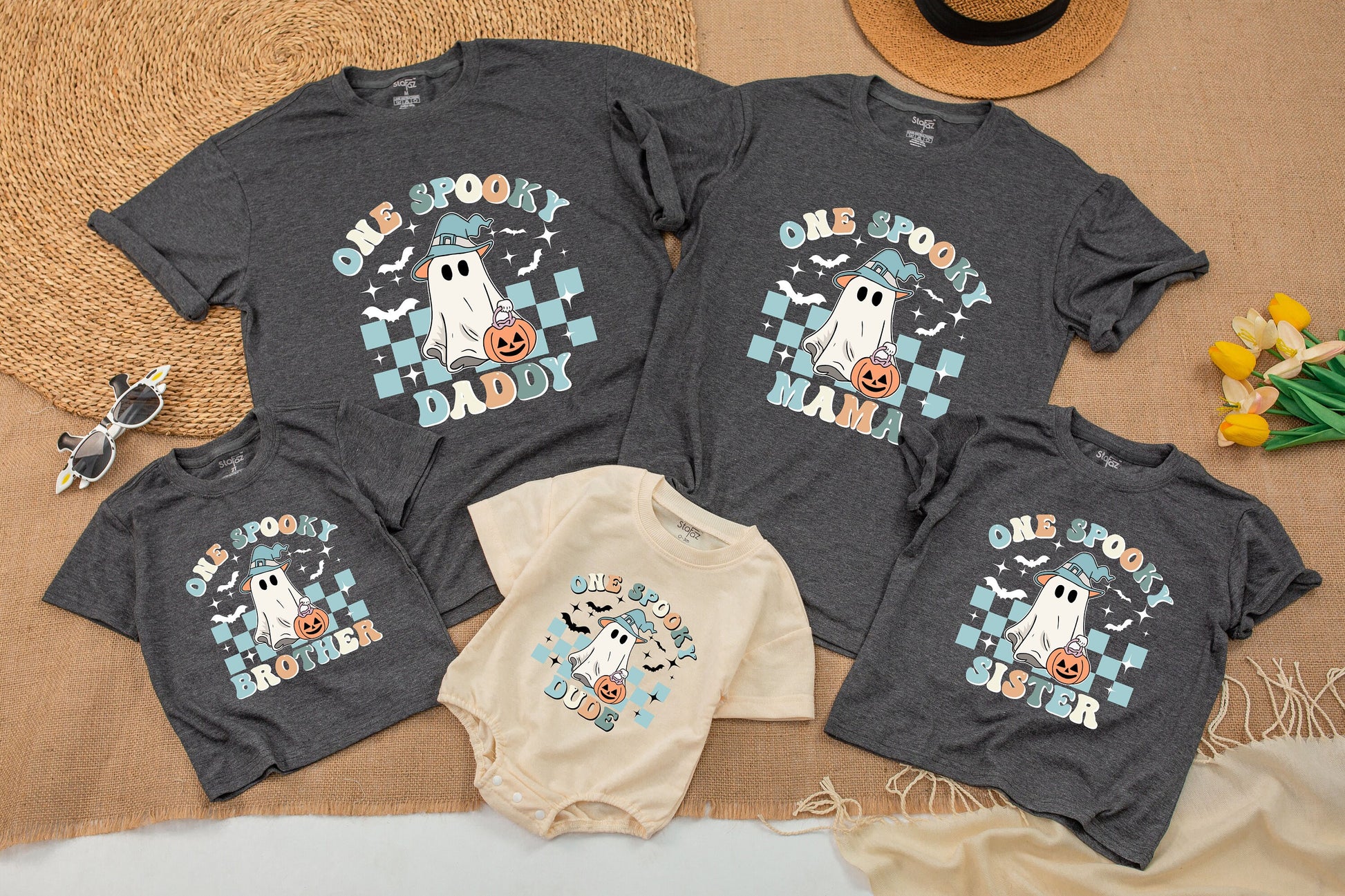 One Spooky Dude Halloween First Birthday Baby Sweatshirt Romper Outfit with Cute Ghost Pumpkin Witch Hat Checkered Design Family Matching