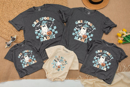 One Spooky Dude Halloween First Birthday Baby Sweatshirt Romper Outfit with Cute Ghost Pumpkin Witch Hat Checkered Design Family Matching