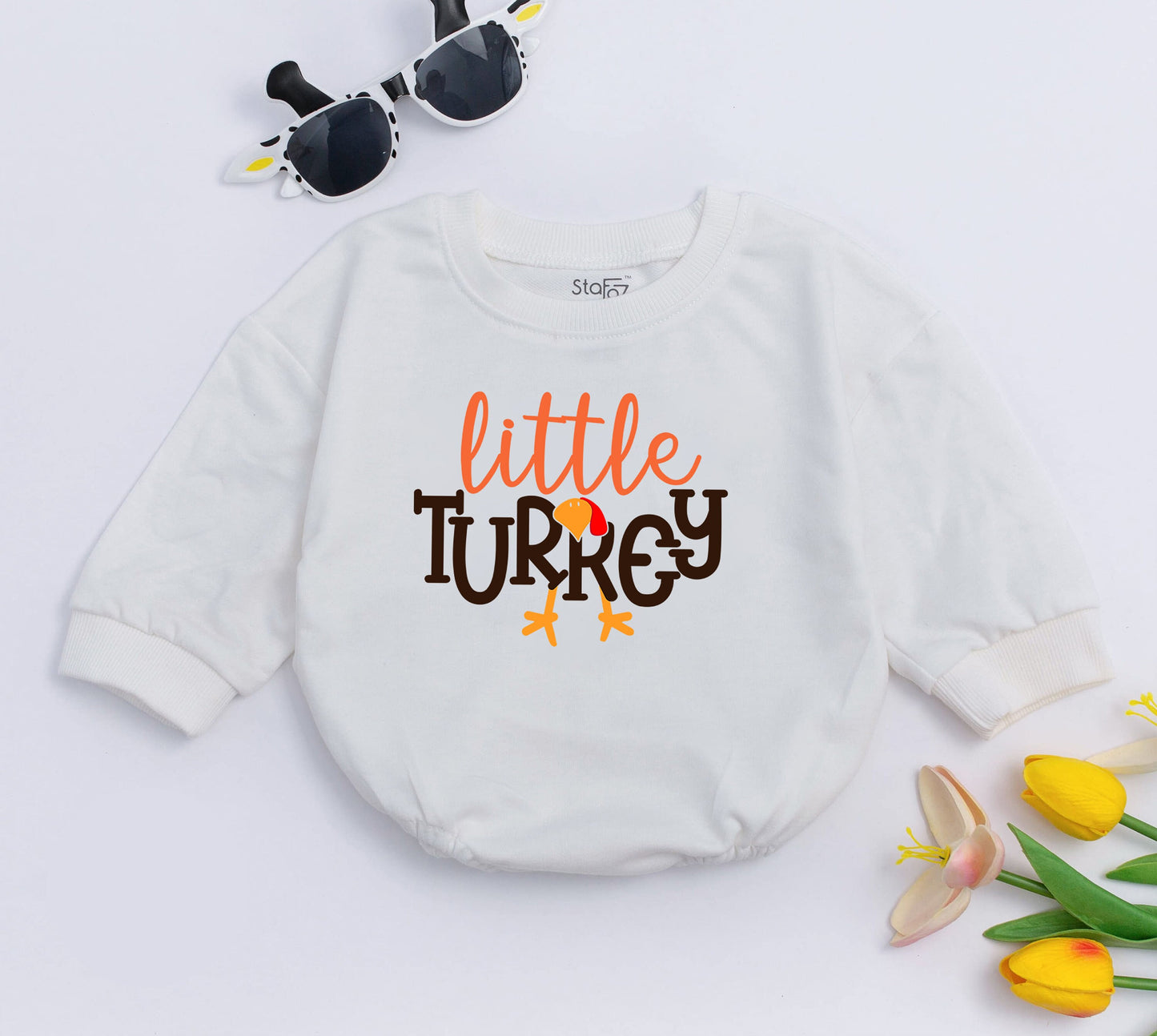 Thanksgiving Baby Girl Outfit - Cozy Retro Turkey Romper & Oversized Sweat Set for 1st Thanksgiving, Personalized Gift