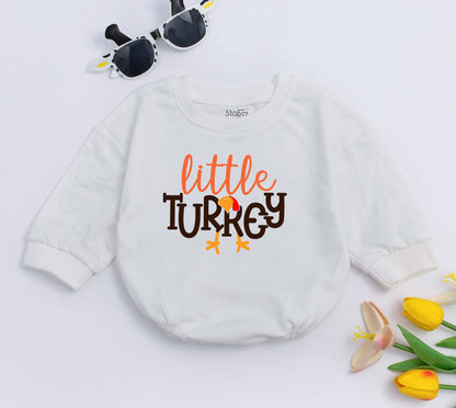 Thanksgiving Baby Girl Outfit - Cozy Retro Turkey Romper & Oversized Sweat Set for 1st Thanksgiving, Personalized Gift