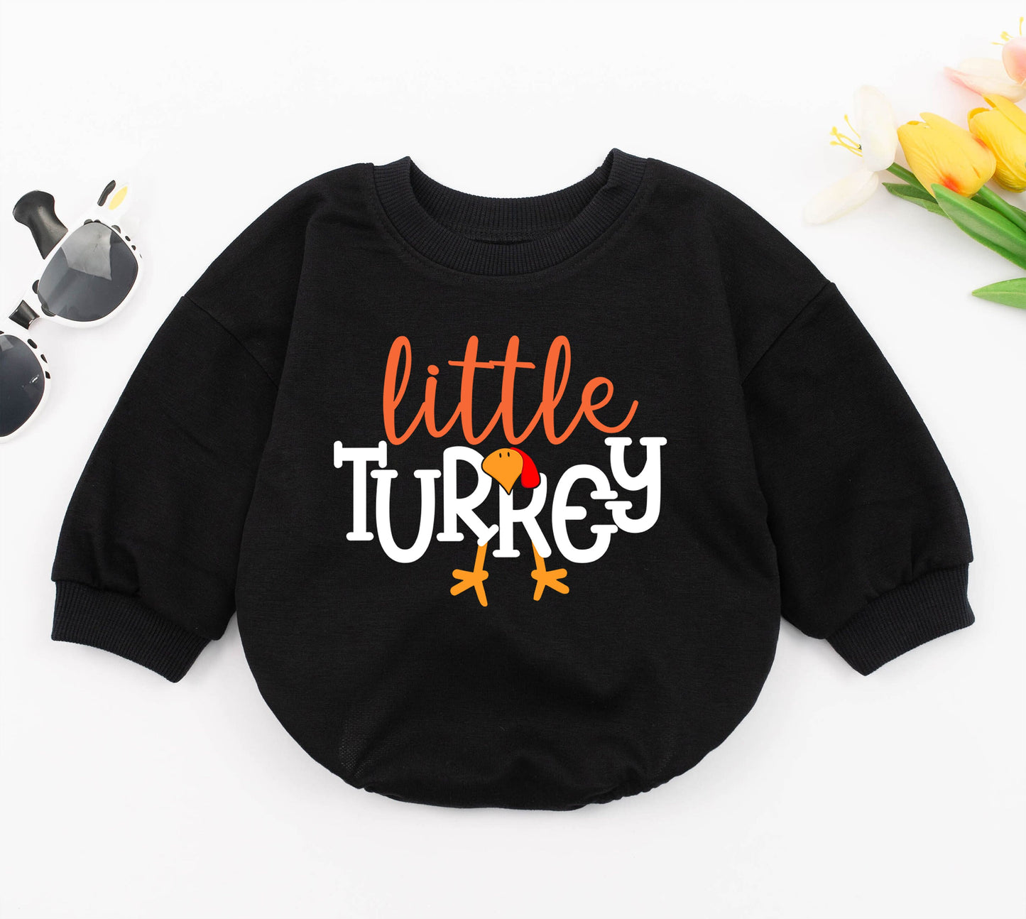 Thanksgiving Baby Girl Outfit - Cozy Retro Turkey Romper & Oversized Sweat Set for 1st Thanksgiving, Personalized Gift
