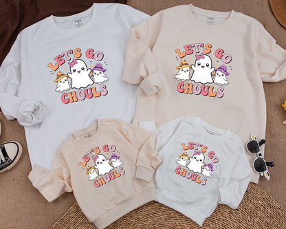 Retro Halloween Sweatshirt for Kids Let's Go Ghouls Cute Ghost Design Pastel Vintage Vibes
