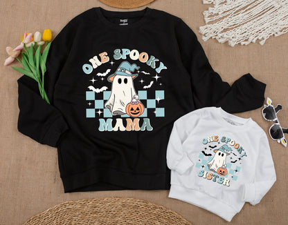 One Spooky Dude First Birthday Halloween Baby Boy Sweatshirt featuring Cute Ghost & Witch Hat Pastel Vintage Checkerboard Family Matching Outfit