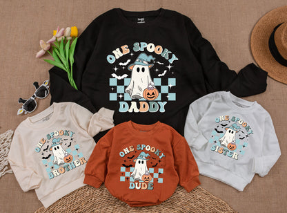 One Spooky Dude First Birthday Halloween Baby Boy Sweatshirt featuring Cute Ghost & Witch Hat Pastel Vintage Checkerboard Family Matching Outfit