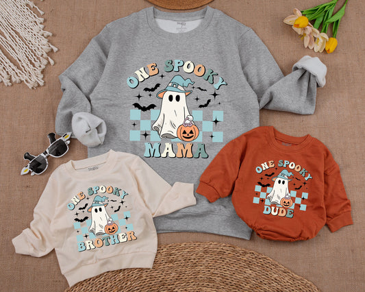 One Spooky Dude First Birthday Halloween Baby Boy Sweatshirt featuring Cute Ghost & Witch Hat Pastel Vintage Checkerboard Family Matching Outfit
