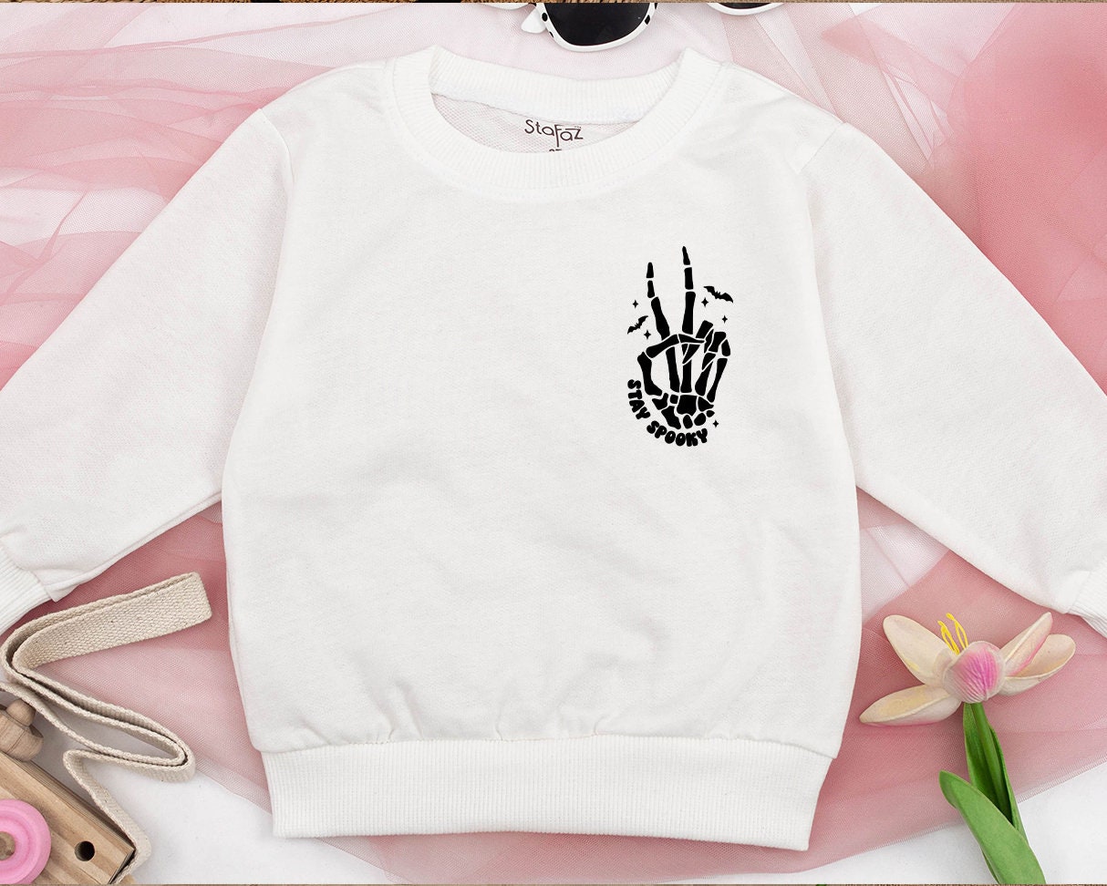 Stay Spooky Skeleton Hands Skull Halloween Sweatshirt perfect for Kids & Toddlers embracing Horror Party vibes with a cozy Fall Crewneck Shirt
