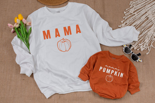 Matching Pumpkin Sweatshirts & Romper Set for Mom and Baby