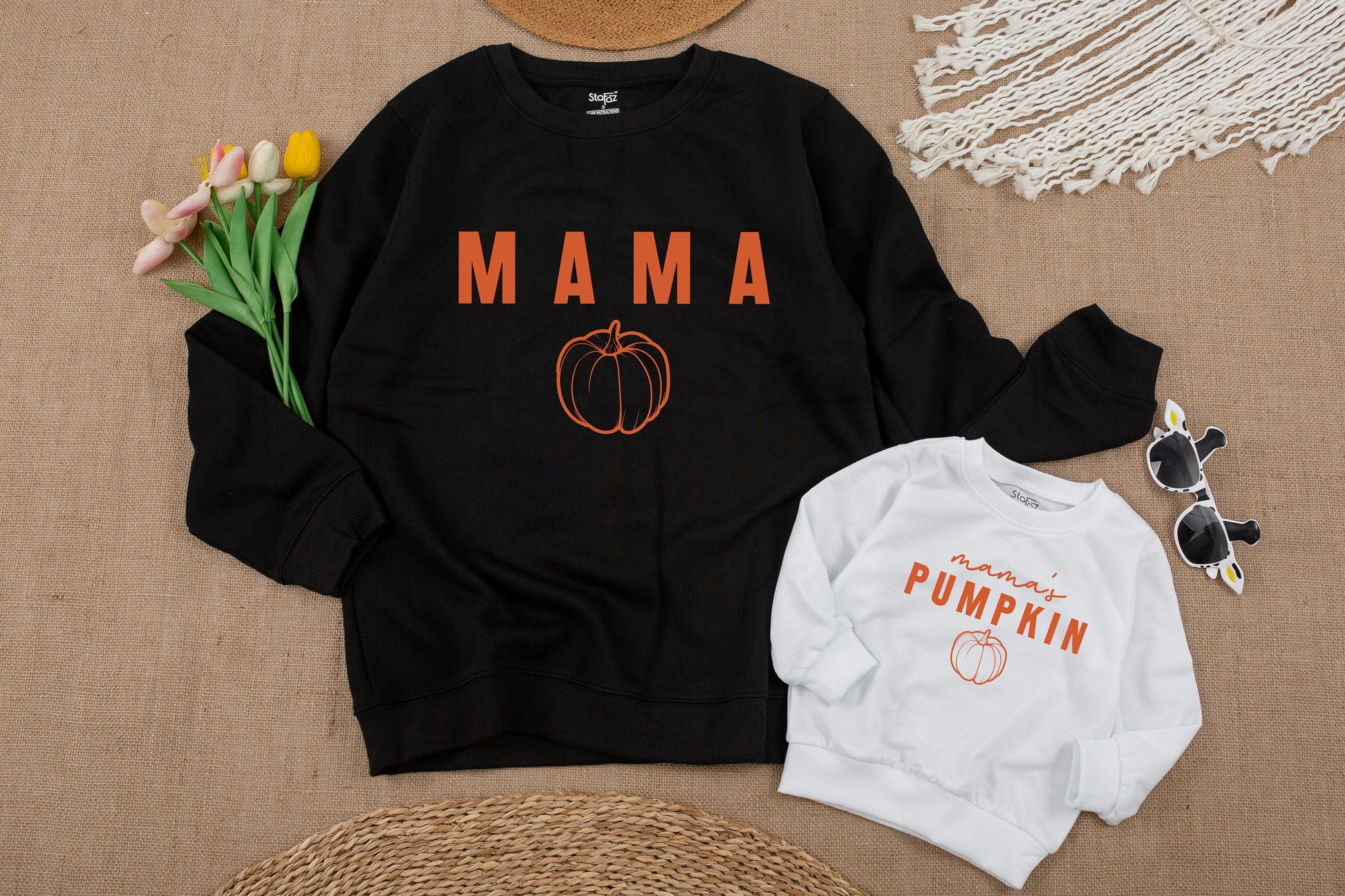 Matching Pumpkin Sweatshirts & Romper Set for Mom and Baby