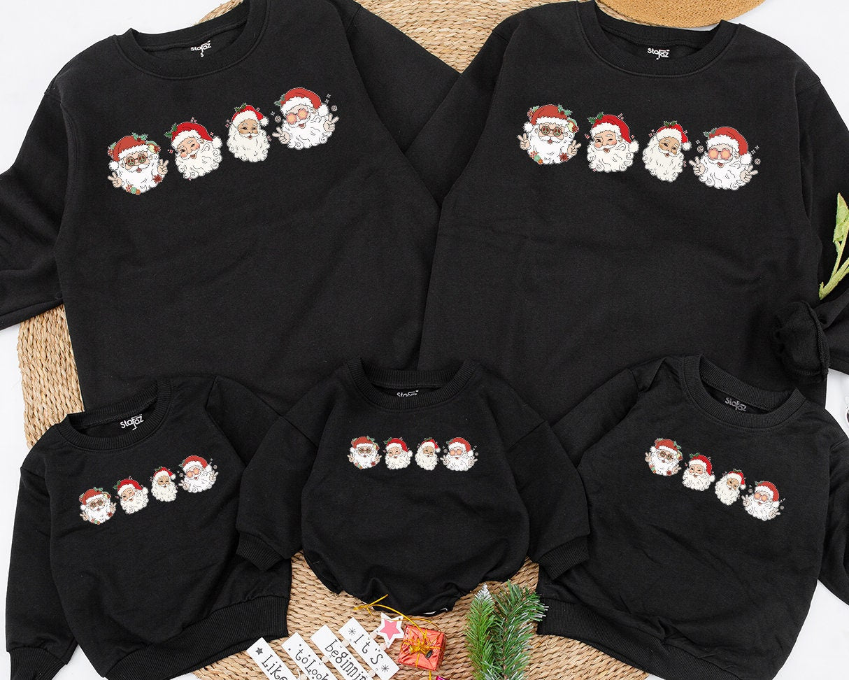 Retro Cheerful Santa Christmas Sweatshirt Vintage Whimsical Santa Heads Kids Toddler Baby Holiday Shirt with Retro Flowers