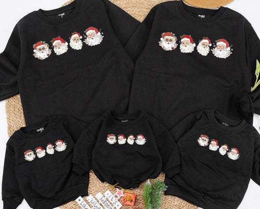 Retro Cheerful Santa Christmas Sweatshirt Vintage Whimsical Santa Heads Kids Toddler Baby Holiday Shirt with Retro Flowers