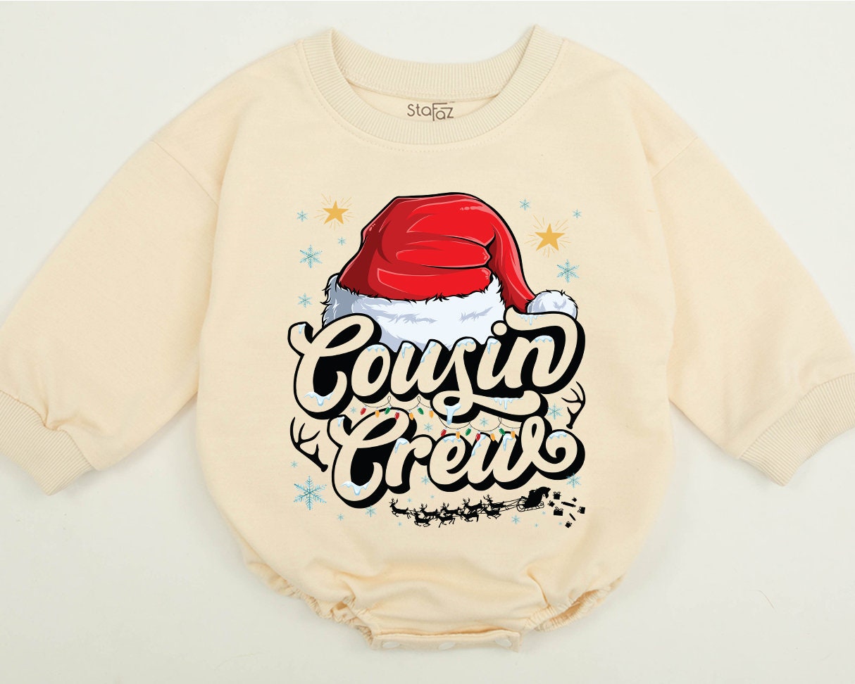 Cousin Crew Christmas Sweatshirt with Santa Hat and Lights, a festive family matching top for kids, baby, toddlers, and adults this holiday season.