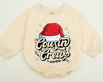 Cousin Crew Christmas Sweatshirt with Santa Hat and Lights, a festive family matching top for kids, baby, toddlers, and adults this holiday season.