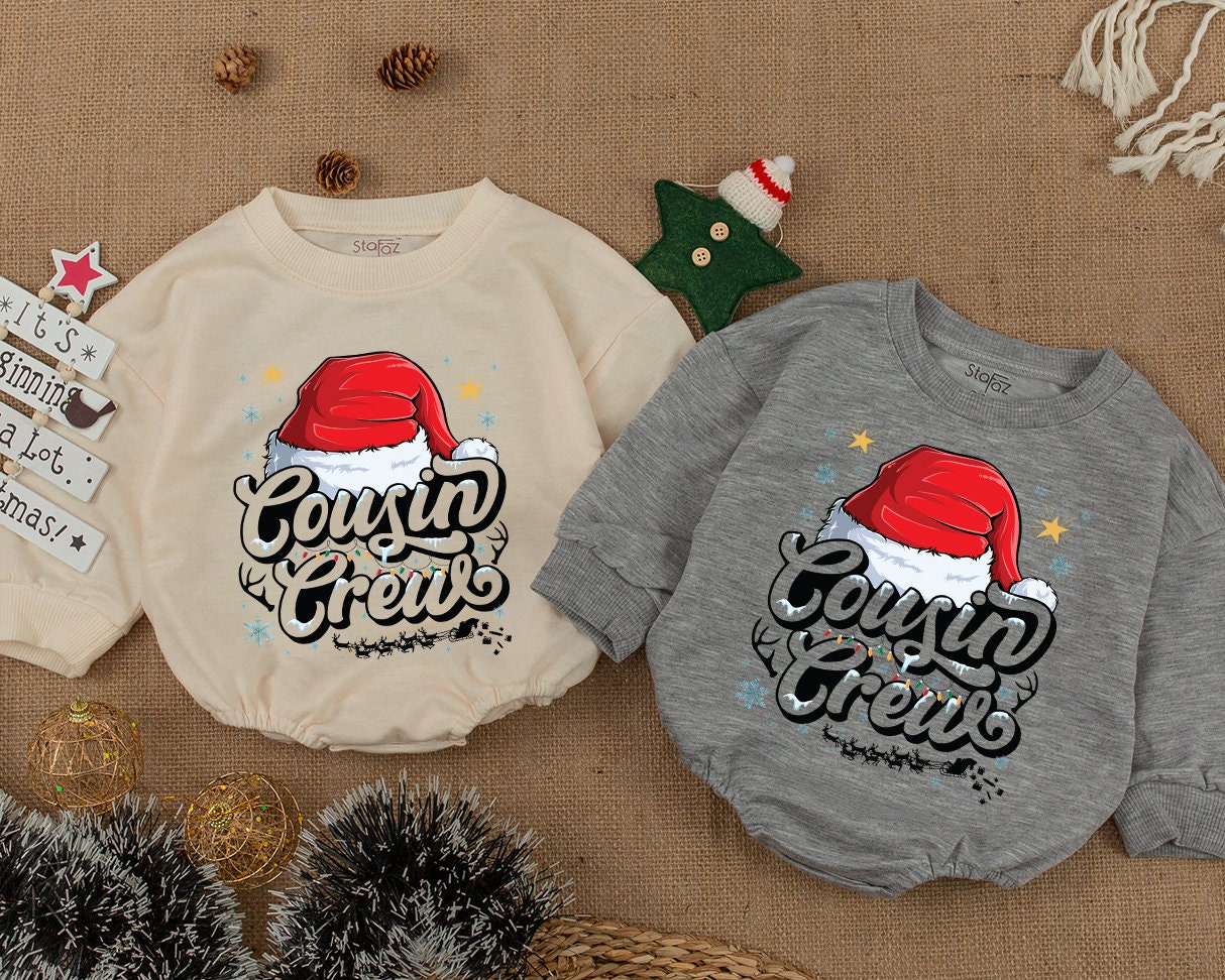 Cousin Crew Christmas Sweatshirt with Santa Hat and Lights, a festive family matching top for kids, baby, toddlers, and adults this holiday season.