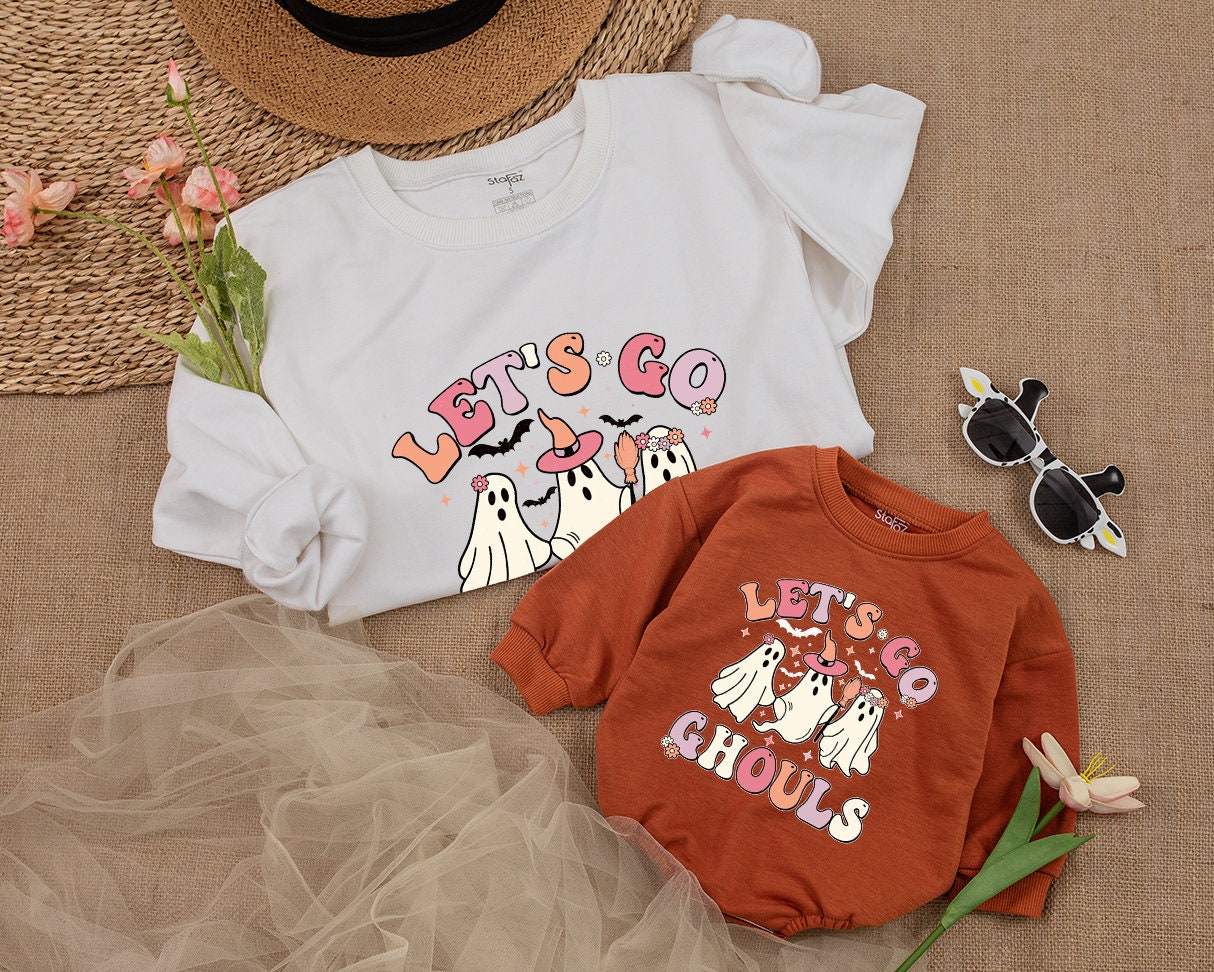 Matching Mommy and Me Let's Go Ghouls Halloween Sweatshirt for Baby Toddler Girls Spooky Retro Family Gift