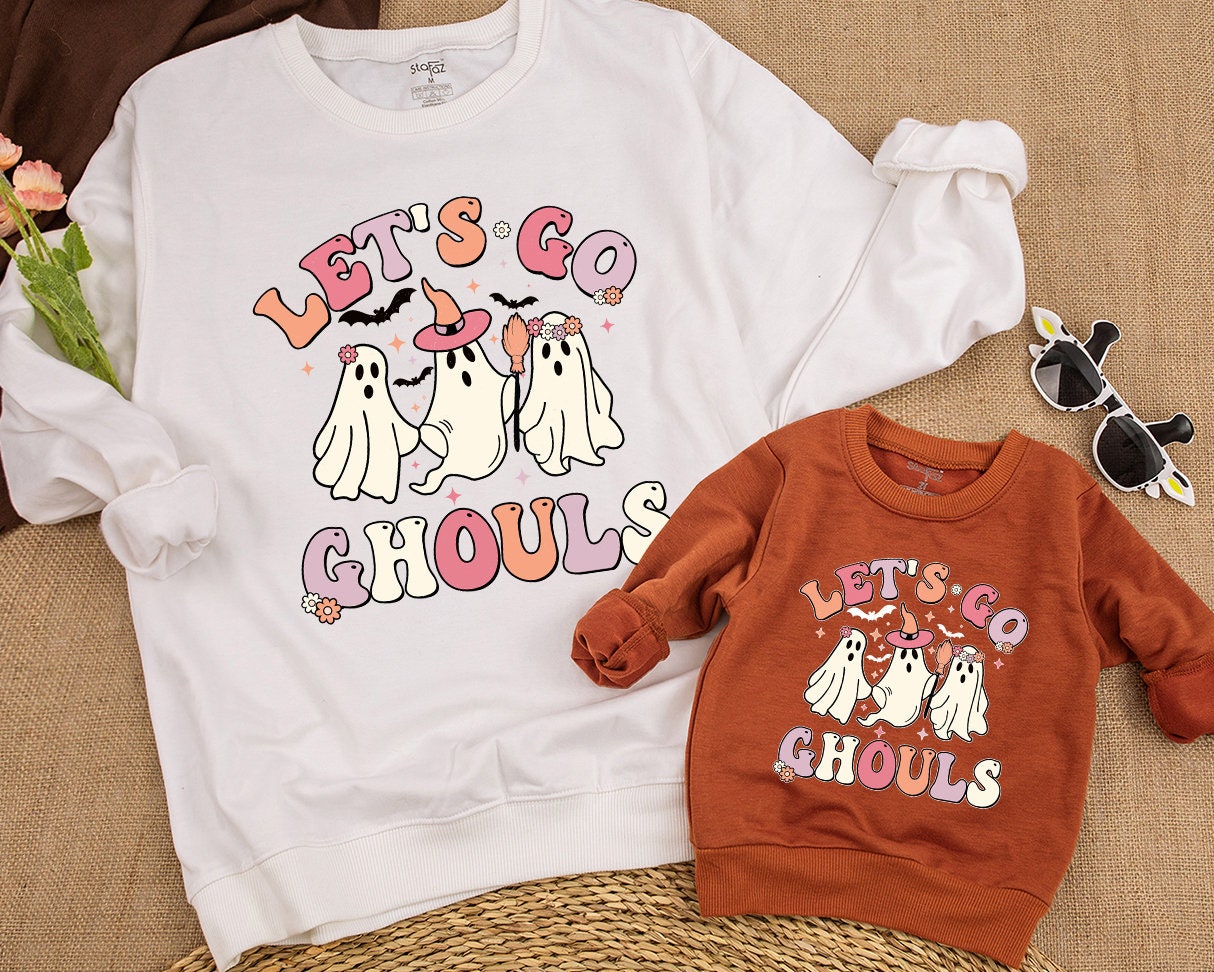 Matching Mommy and Me Let's Go Ghouls Halloween Sweatshirt for Baby Toddler Girls Spooky Retro Family Gift