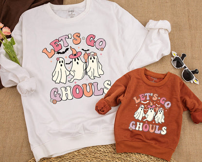 Matching Mommy and Me Let's Go Ghouls Halloween Sweatshirt for Baby Toddler Girls Spooky Retro Family Gift