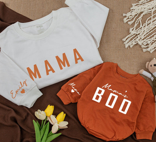 Personalized Mama and Mamas Boo Fall Sweatshirt and Baby Girl Romper Mommy and Me Outfit Matching Family Autumn Thanksgiving Season Gift