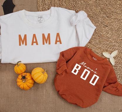Personalized Mama and Mamas Boo Fall Sweatshirt and Baby Girl Romper Mommy and Me Outfit Matching Family Autumn Thanksgiving Season Gift