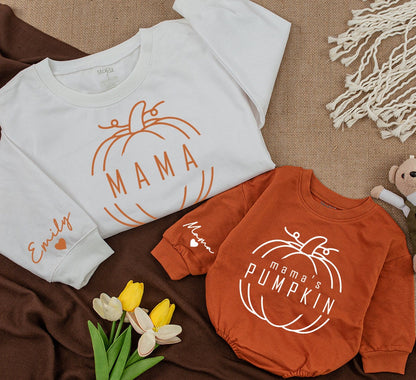 Personalized Mama & Emily's Pumpkin Matching Set, Fall Baby Romper, Mommy and Me Sweatshirt Outfit, Custom Mom & Daughter Thanksgiving Gift, 139 chars