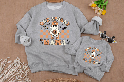 One Spooky Dude Halloween Birthday Sweatshirt Retro Cartoon Ghost Pumpkin Orange Checkerboard 1st Baby Toddler Boy Fall Outfit Vintage Style