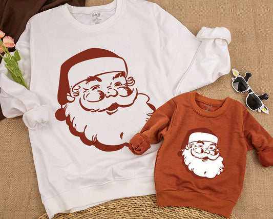 Vintage Santa Toddler Sweatshirt, Red-Brown Retro Christmas Kids Sweater, Jolly Holiday Outfit, Single Color Cartoonish Xmas Gift Romper, Comfy Winter Wear