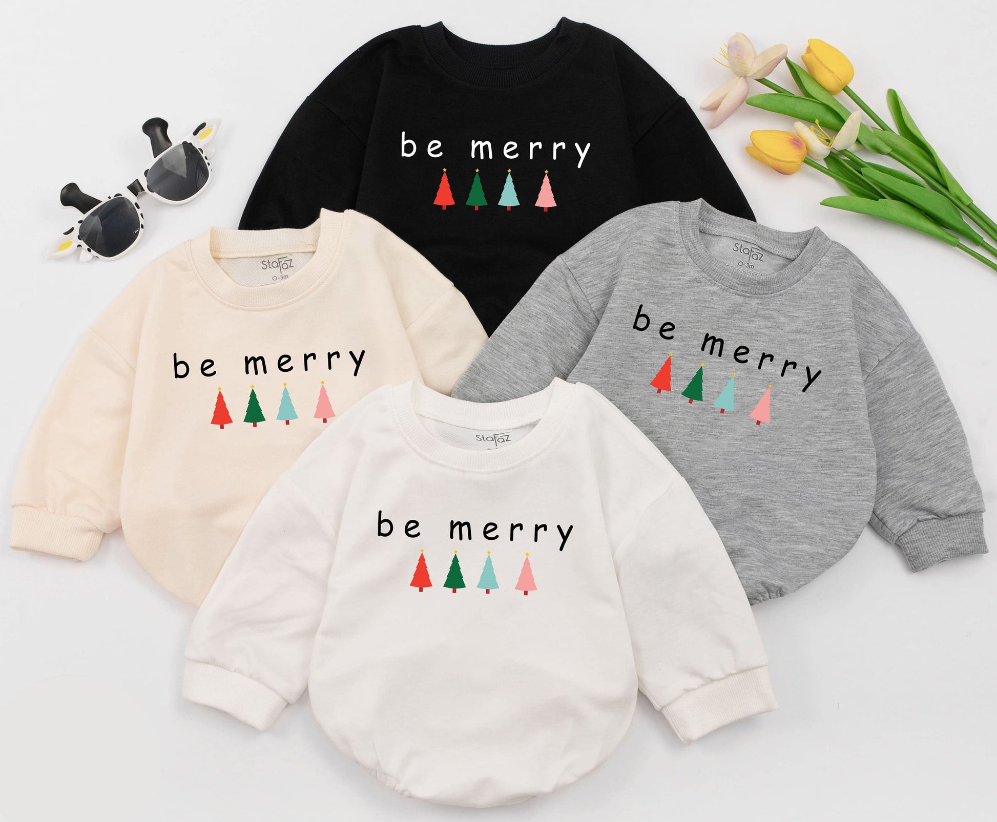 Be Merry Baby Christmas Romper Outfit with Trees 1st Xmas Toddler Holiday Sweatshirt Romper Baby Shower Gift Cute Festive Design