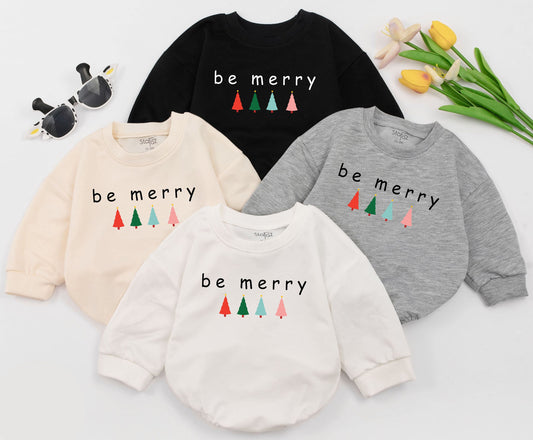 Be Merry Baby Christmas Romper Outfit with Trees 1st Xmas Toddler Holiday Sweatshirt Romper Baby Shower Gift Cute Festive Design