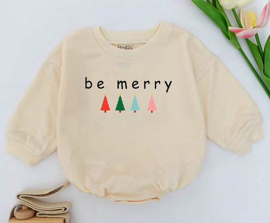 Be Merry Baby Christmas Romper Outfit with Trees 1st Xmas Toddler Holiday Sweatshirt Romper Baby Shower Gift Cute Festive Design