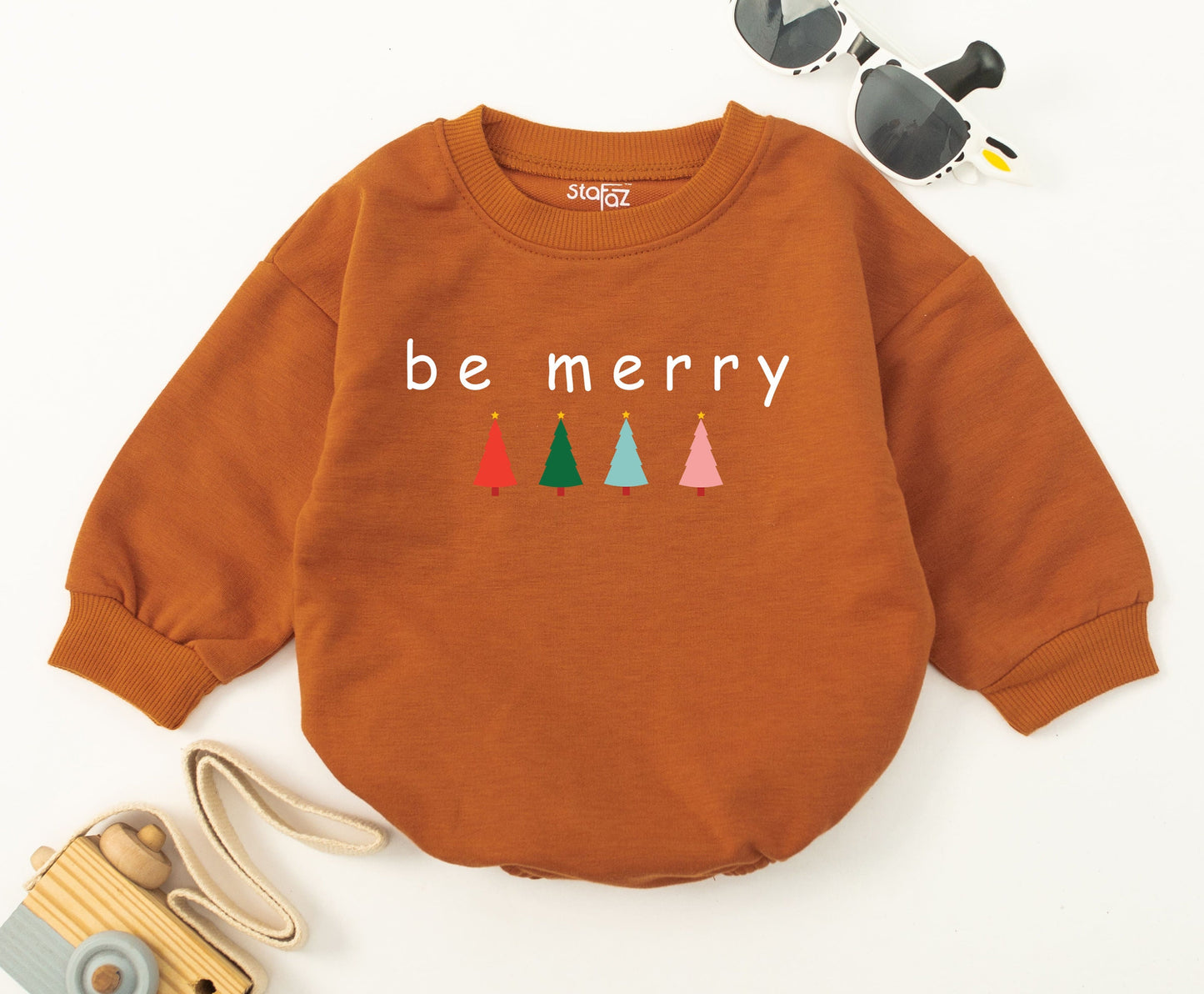 Be Merry Baby Christmas Romper Outfit with Trees 1st Xmas Toddler Holiday Sweatshirt Romper Baby Shower Gift Cute Festive Design
