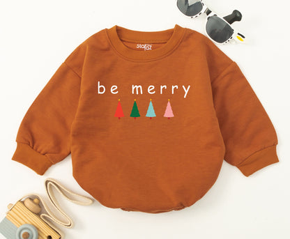 Be Merry Baby Christmas Romper Outfit with Trees 1st Xmas Toddler Holiday Sweatshirt Romper Baby Shower Gift Cute Festive Design