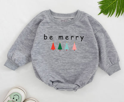 Be Merry Baby Christmas Romper Outfit with Trees 1st Xmas Toddler Holiday Sweatshirt Romper Baby Shower Gift Cute Festive Design