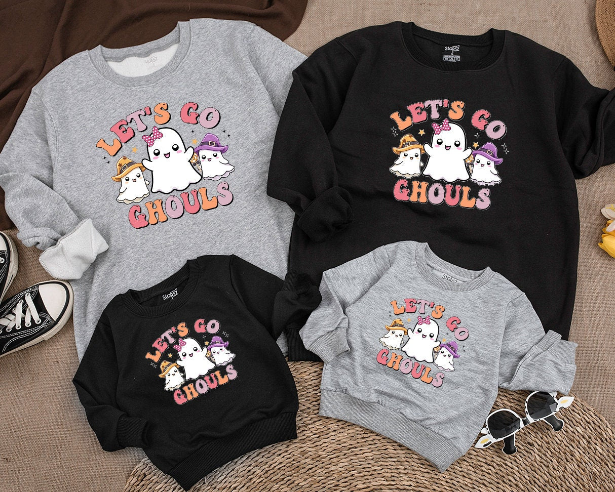 Retro Halloween Sweatshirt for Kids Let's Go Ghouls Cute Ghost Design Pastel Vintage Vibes