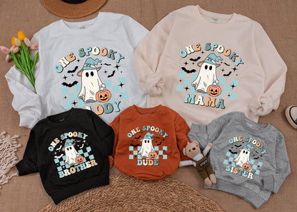 One Spooky Dude First Birthday Halloween Baby Boy Sweatshirt featuring Cute Ghost & Witch Hat Pastel Vintage Checkerboard Family Matching Outfit