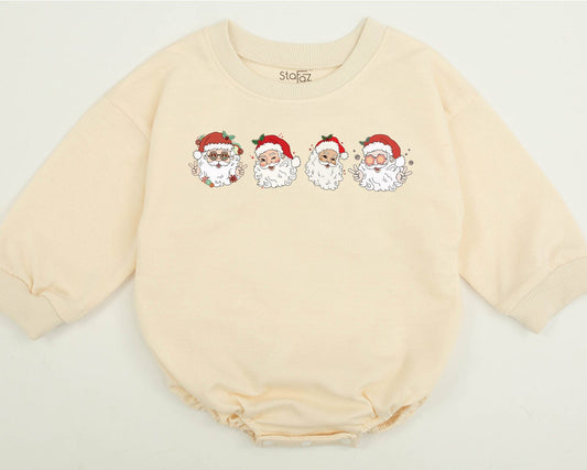 Retro Cheerful Santa Christmas Sweatshirt Vintage Whimsical Santa Heads Kids Toddler Baby Holiday Shirt with Retro Flowers