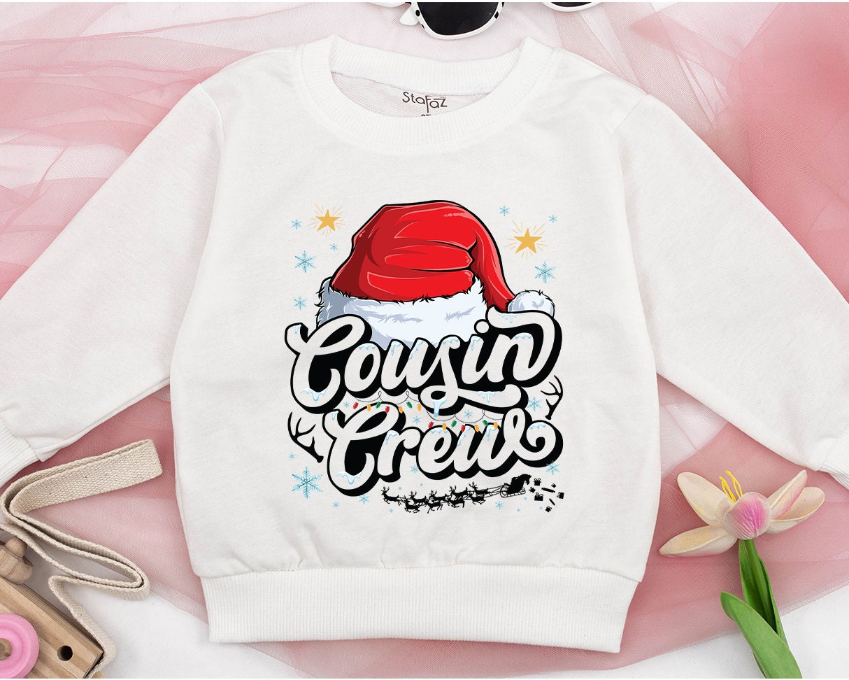 Cousin Crew Christmas Sweatshirt with Santa Hat and Lights, a festive family matching top for kids, baby, toddlers, and adults this holiday season.