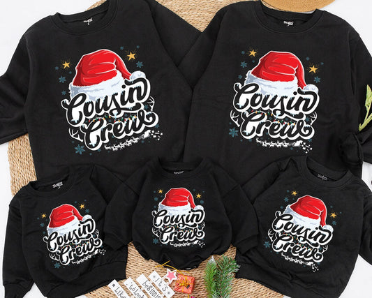 Cousin Crew Christmas Sweatshirt with Santa Hat and Lights, a festive family matching top for kids, baby, toddlers, and adults this holiday season.