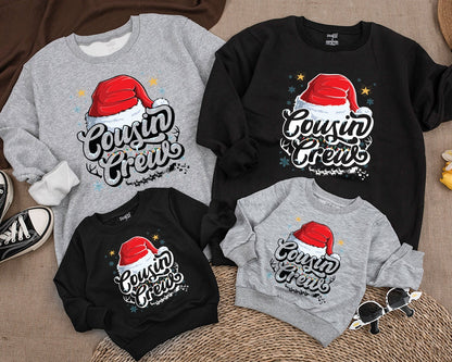 Cousin Crew Christmas Sweatshirt with Santa Hat and Lights, a festive family matching top for kids, baby, toddlers, and adults this holiday season.