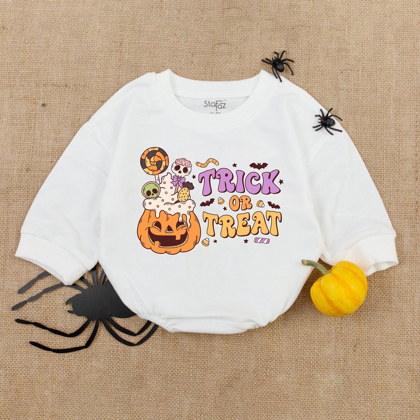 Retro Trick or Treat Baby Romper Halloween Pumpkin Candy Skull Design Orange Purple Sweet Newborn Baby Shower First Halloween Outfit