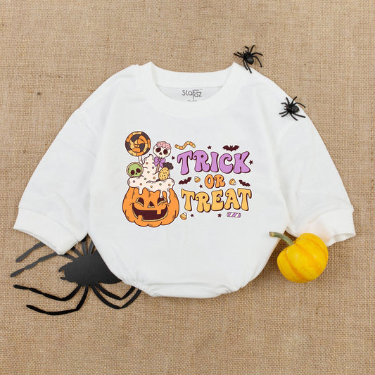 Retro Trick or Treat Baby Romper Halloween Pumpkin Candy Skull Design Orange Purple Sweet Newborn Baby Shower First Halloween Outfit